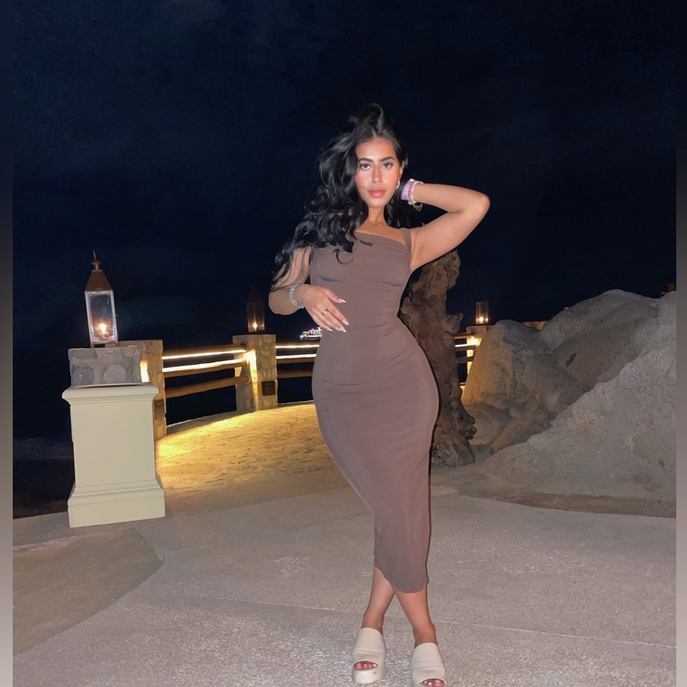brown open back midi dress